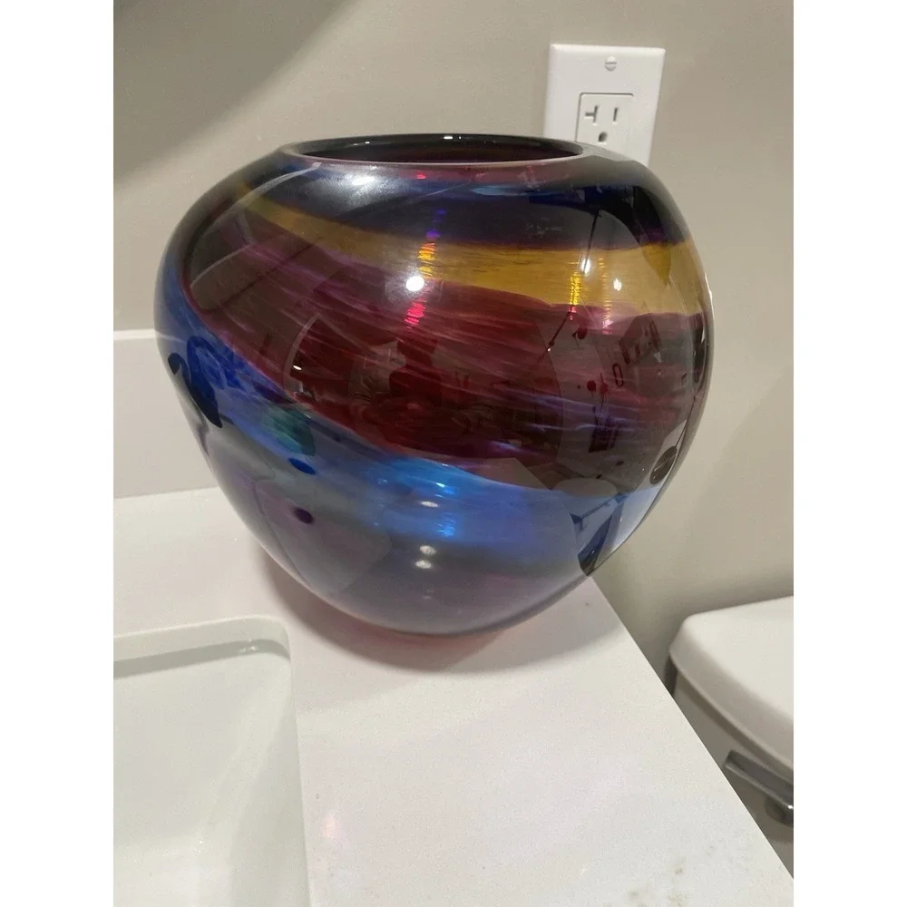 Stephen R. Nelson Signed Hand Blown Studio Art Glass Vase Multicolor Ribbon 8.5